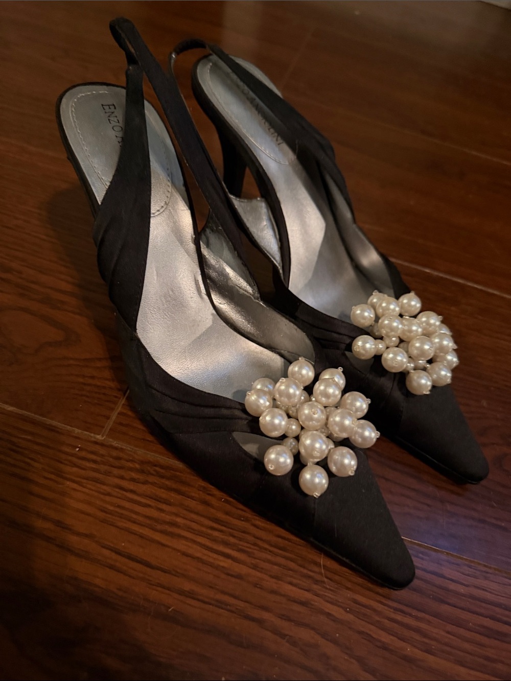 Enzo Angiolini Black Pointed Slingback Heels with Pearl Cluster Accent